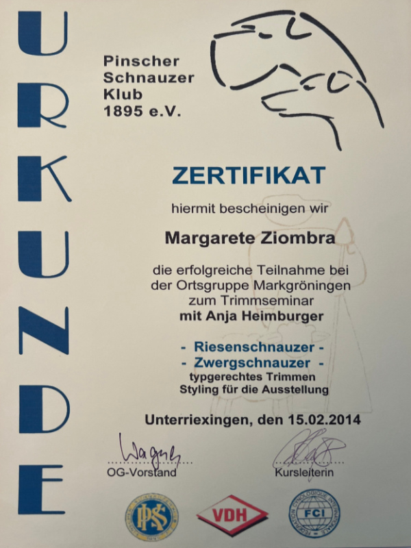 Zertifikat Margarethe Ziombra - Riesenschnauser, Zwergschnauzer